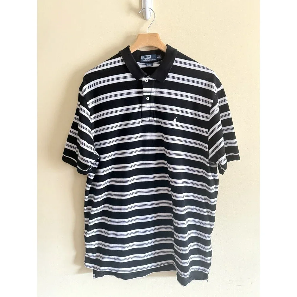 Vintage 90s Ralph Lauren Mens XXL‎ Striped Pique Cotton Golf Polo Shirt Black